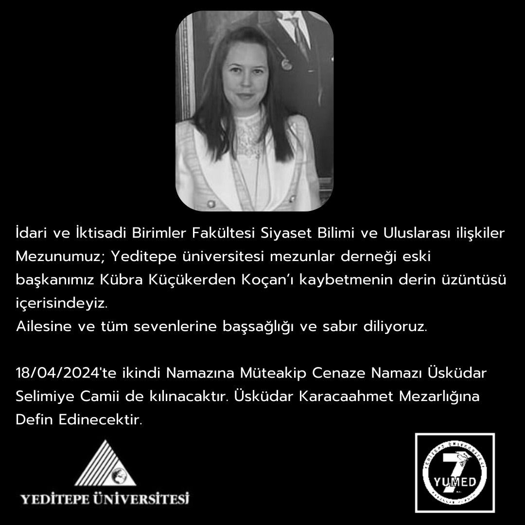 YUMEDinfo's tweet photo. Yeditepe Üniversitesi Mezunlar Derneği eski başkanımız Kübra Küçükerden Koçan’ı  kaybetmenin derin üzüntüsünü yaşıyoruz.
Ailesine ve tüm sevenlerine sabır diliyoruz. 
Başımız sağolsun. https://t.co/Lc9FyttaYI