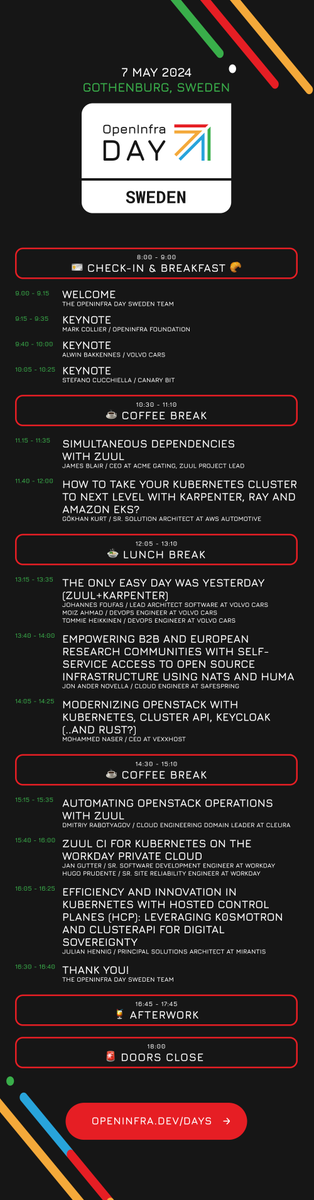 The schedule for #OpenInfra Day Sweden 2024 is live! oidsweden2024.se/schedule Join us in Gothenburg, Sweden on 7 May for a day full of talks around #Zuul, #OpenStack, #Kubernetes, and more! OpenInfra Day Sweden will be conducted in English.