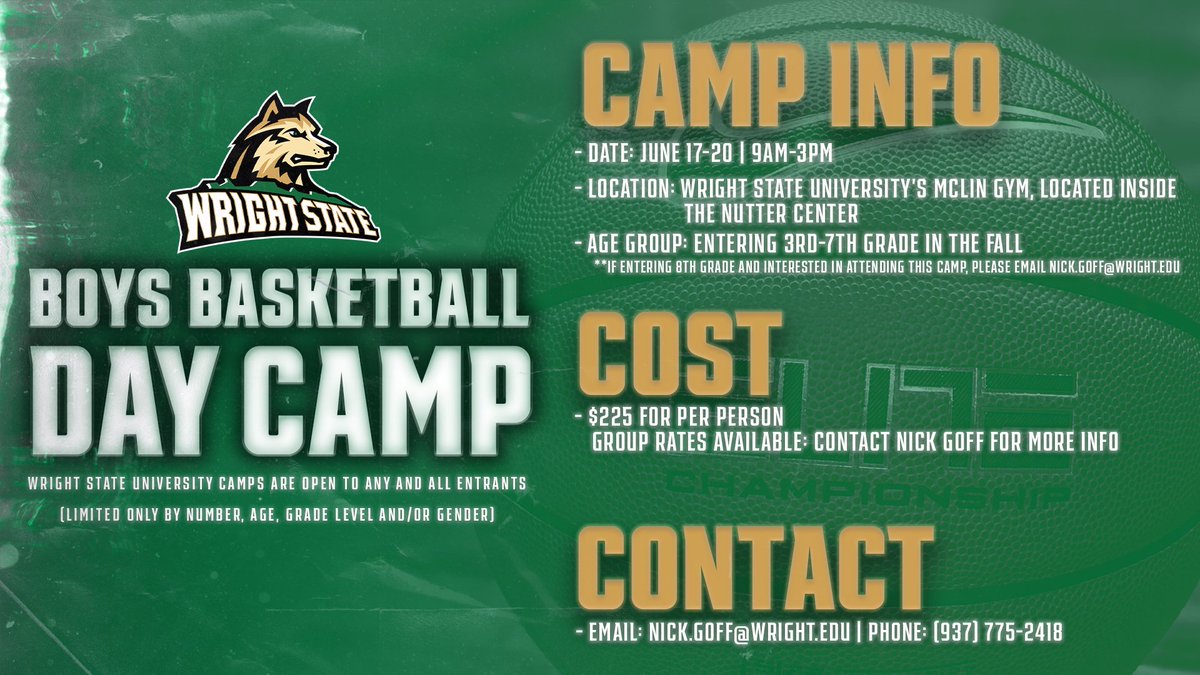 Calling all youth basketball players 🗣️ Wright State will be a hosting a Boys Basketball Day Camp from June 17-20! Register today by clicking the link below. 🏀 bit.ly/WSUMBBCamps