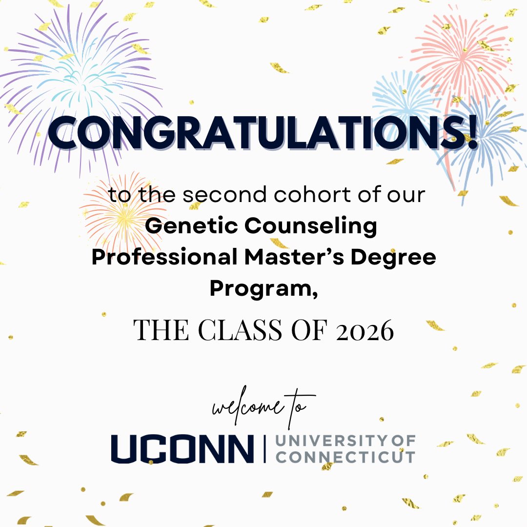 uconngc's tweet photo. Happy Match Day! Congratulations to the Class of 2026! We are delighted to welcome our second genetic counseling cohort to the University of Connecticut. 

#matchday2024 #gcmatch2024 #gcmatchday #geneticcounseling #genechat #geneticcounselingstudent #futuregc #geneticcounselors https://t.co/U9skexvOgE