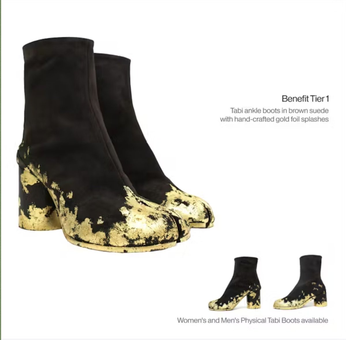 Did you know the official Margiela brand dropped a tabi NFT collection. The top tier nft costs 2.5eth and is limited to 15. It gets you a gold foil wrapped custom brown suede tabi boot

What in the fuck is going on here