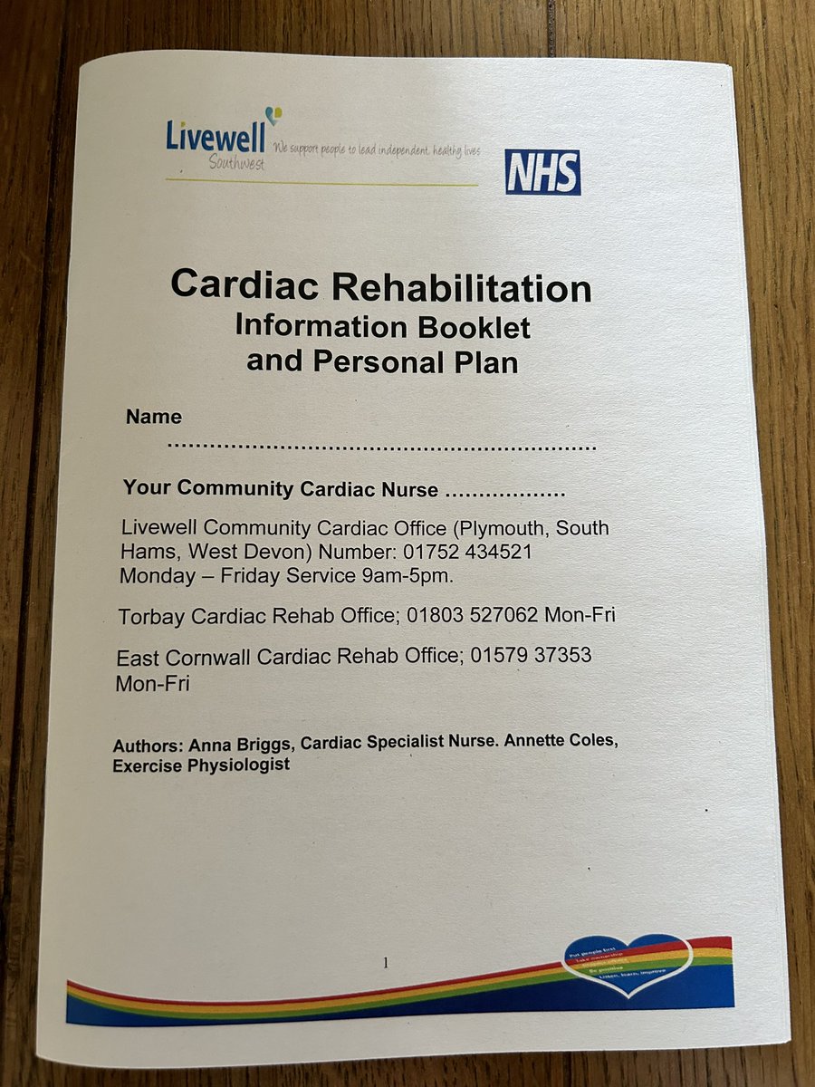 Finally, a personal plan for our cardiac rehab patients who are being discharged from @Derriford_Hosp. Very proud to be a part of writing this book for patients in and around Plymouth. @livewellsw #cardiacRehab #recoverly #CardiacRehabTeam