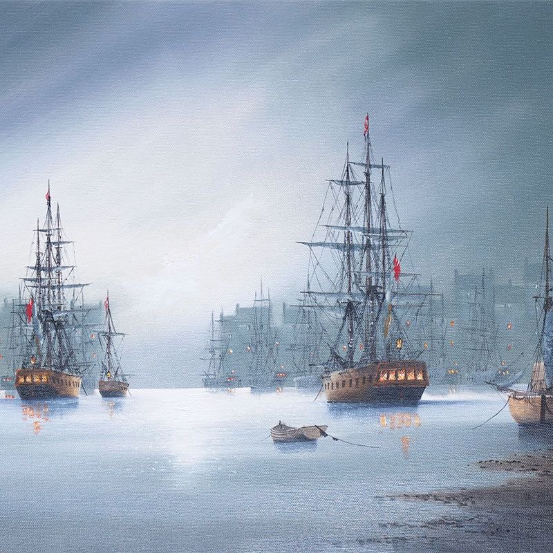 ‘Galleons’ Ken Hammond Misty chilly wet day but a few red flags and and cosy lights Oil on Canvas 🛒🛒out shopping tomorrow🛒🛒 ….sick of this week Posts when I can. …tomorrow …. Helen 🛒🐝🌻🌷DrS🛒📚👨‍🍳⛵️ Max 🐶💚🫣