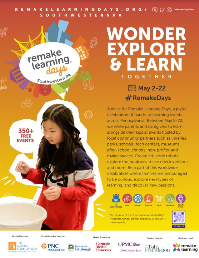 Remake Learning Days is hosting hundreds of educational events from May 2-22 for students throughout Southwestern Pennsylvania. learn more here: remakelearningdays.org/southwesternpa

#DLProud