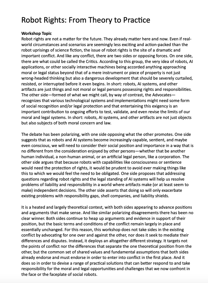 I am pleased to announce that our workshop--Robot Rights: From Theory to Practice--has been accepted for inclusion in @Robophilosophy_  20-23 Aug. 2024 @AarhusUni_int With contributions from @_aybig_ @KamilMamak @thatssonick  @autumnedwards @cabitzaf et al
cas.au.dk/en/robophiloso…