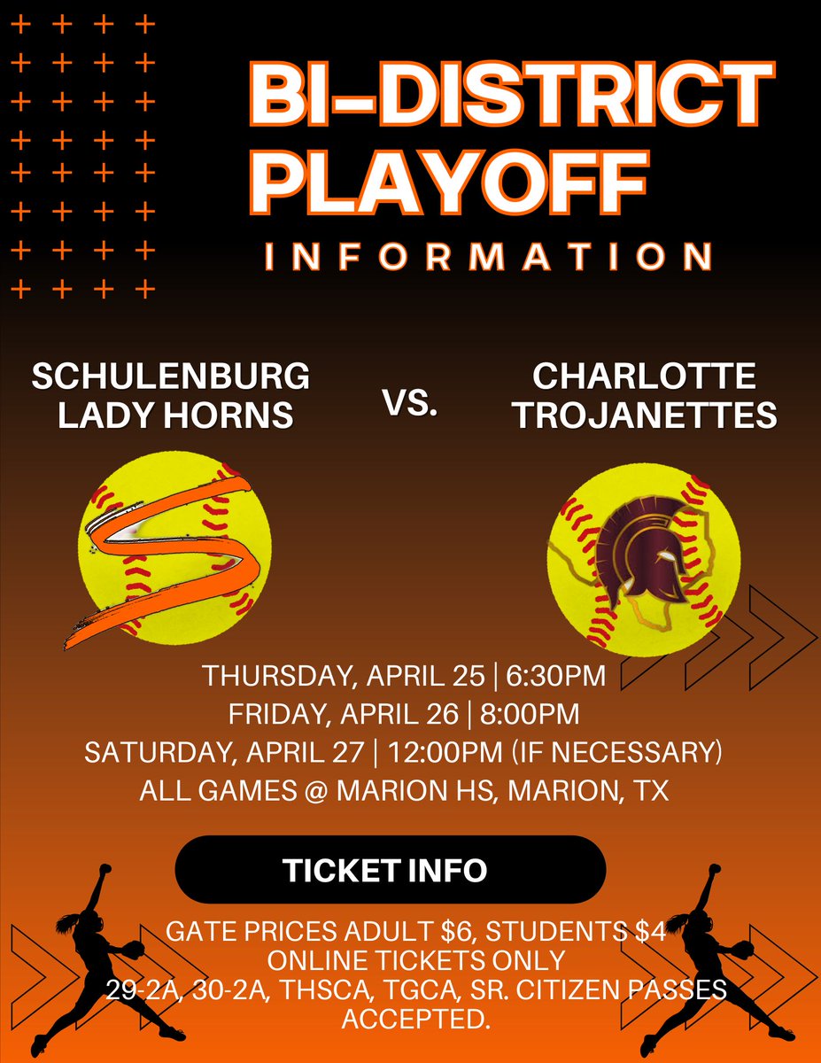 Softball Playoff Information ONLINE TICKETS ONLY - Ticket links will be sent out as soon as they are active
