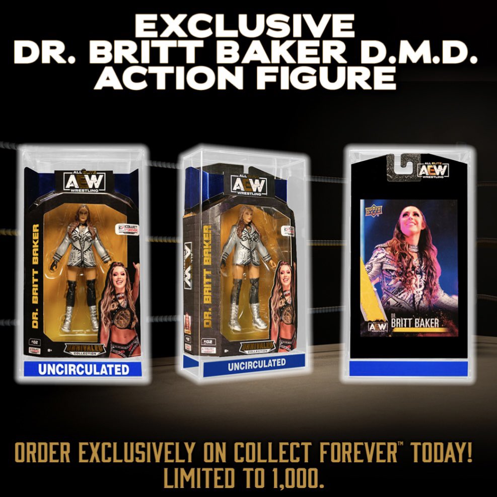 Collect Forever just put up a @realbrittbaker 1 of 1,000 Exclusive. It’s #02 in the set, so that answers that question. The website says it’s in stock as well, so maybe the others will be shipping soon. #aew #aewjazwares