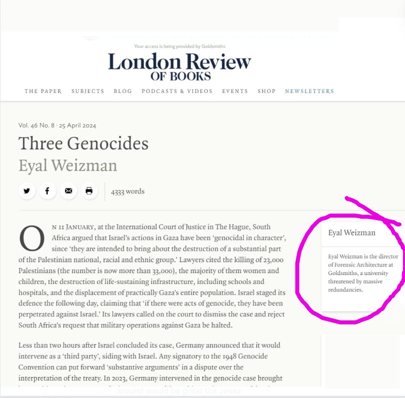 ➡️@weizman_eyal writes for @LRB connecting three genocides: Gaza, Namibia and the Holocaust. Weizman's department, Visual Cultures, is one of eleven affected departments under threat of redundancies at Goldsmiths. lrb.co.uk/the-paper/v46/…