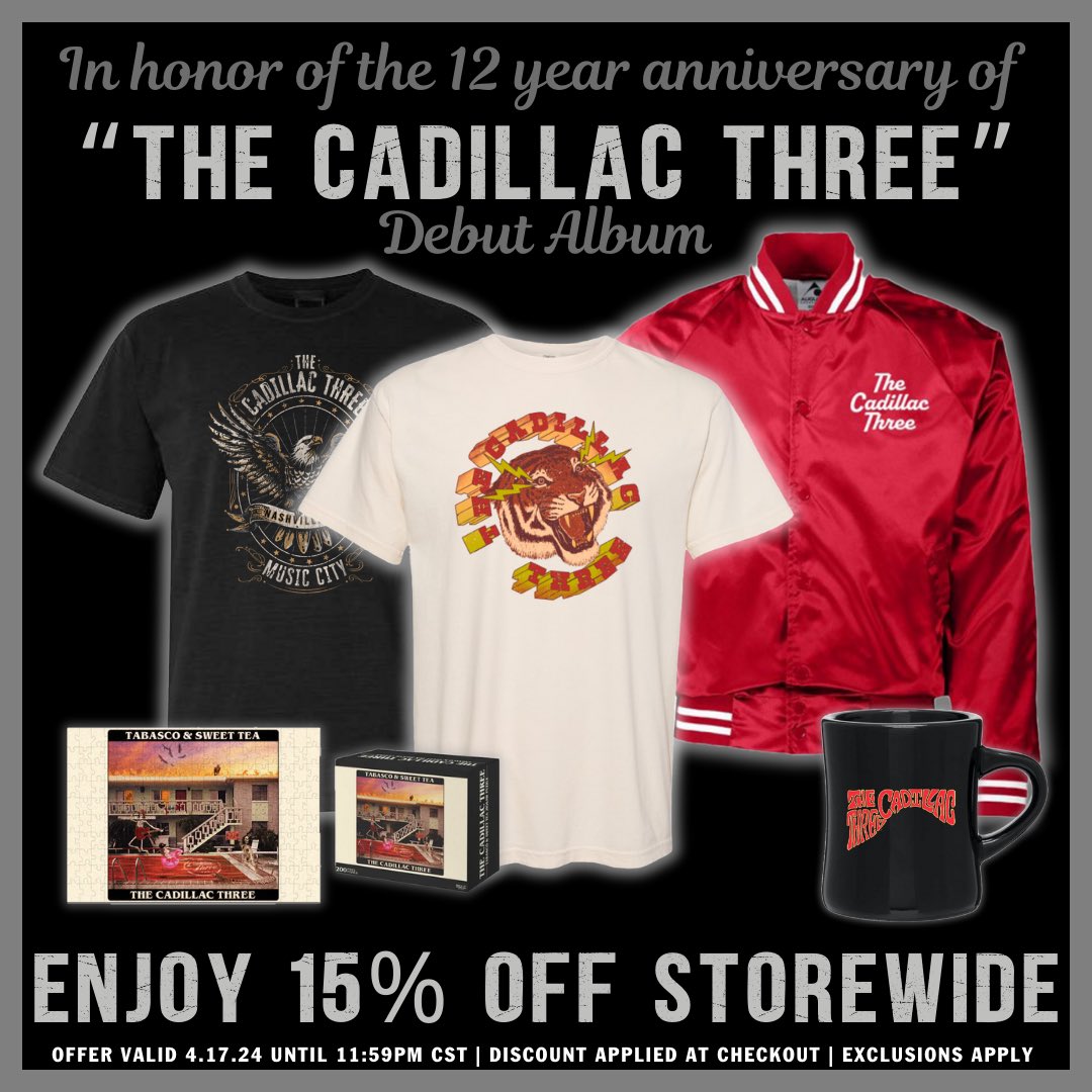 Celebrate 12 years of our debut record and get 15% OFF on our online store TODAY ONLY! 💥 shop.thecadillacthree.com