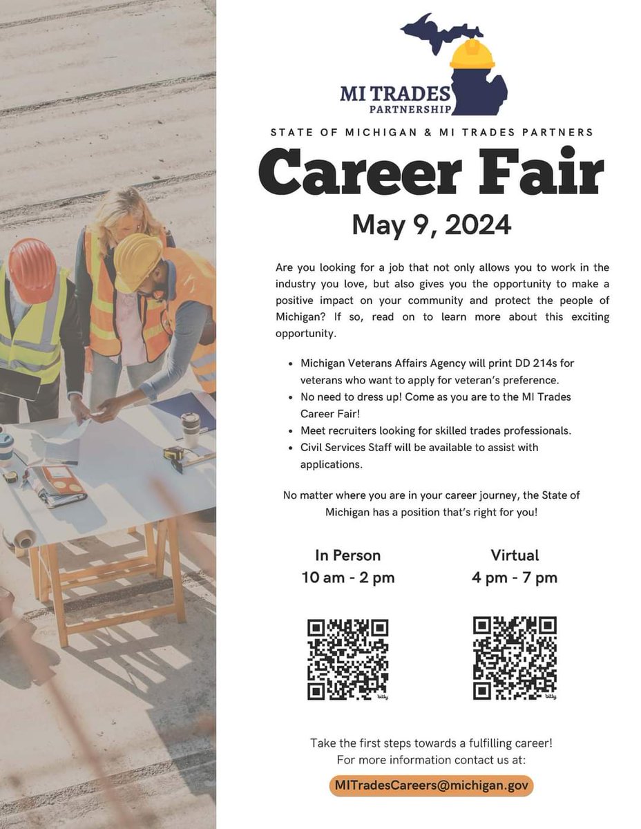 Looking for a job? Here is an online and in person career fair on May 9. Come as you are. #tradesfield State of Michigan might have a career for you! #CareerOpportunities