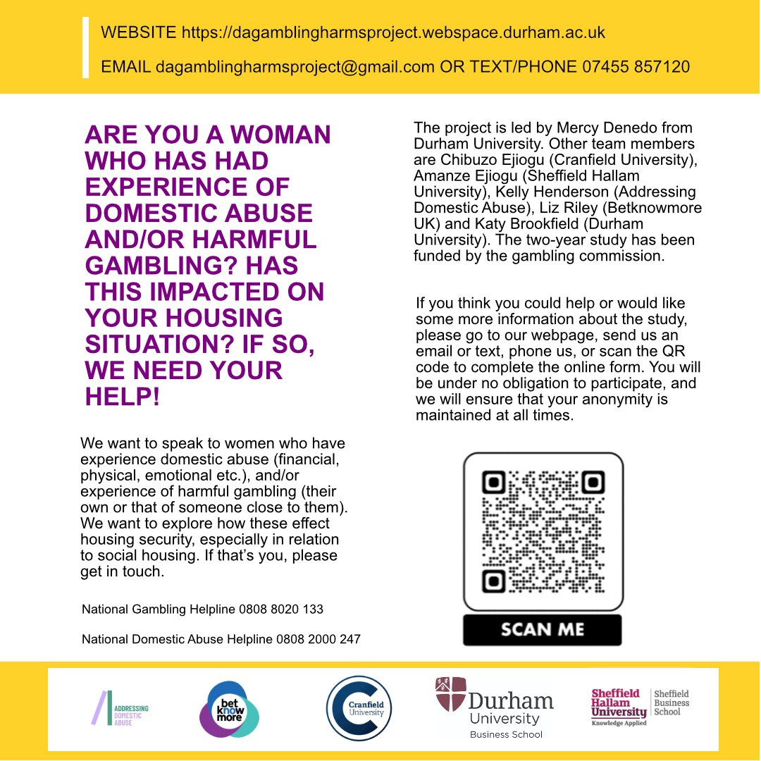Can you help? We are looking to hear from women whose housing situation has been impacted by domestic abuse and/or harmful gambling. The research aims to create a toolkit for professionals to develop knowledge and support.

Please share! 

#DomesticAbuse
#GamblingHarms #Housing
