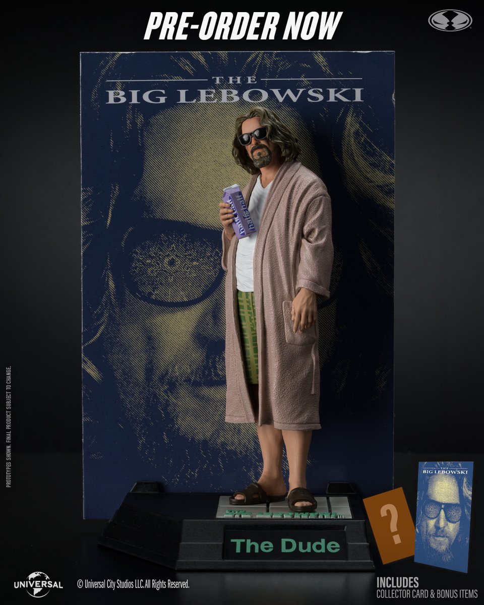 THE DUDE Limited Edition 6' scale posed figure is available for pre-order NOW at select retailers!  
➡️ bit.ly/TheDudeMM-McFa…

Includes an environmental base, a printed backdrop, & bonus item.  

#McFarlaneToys #TheDude #TheBigLebowski #NBCUniversal #MovieManiacs