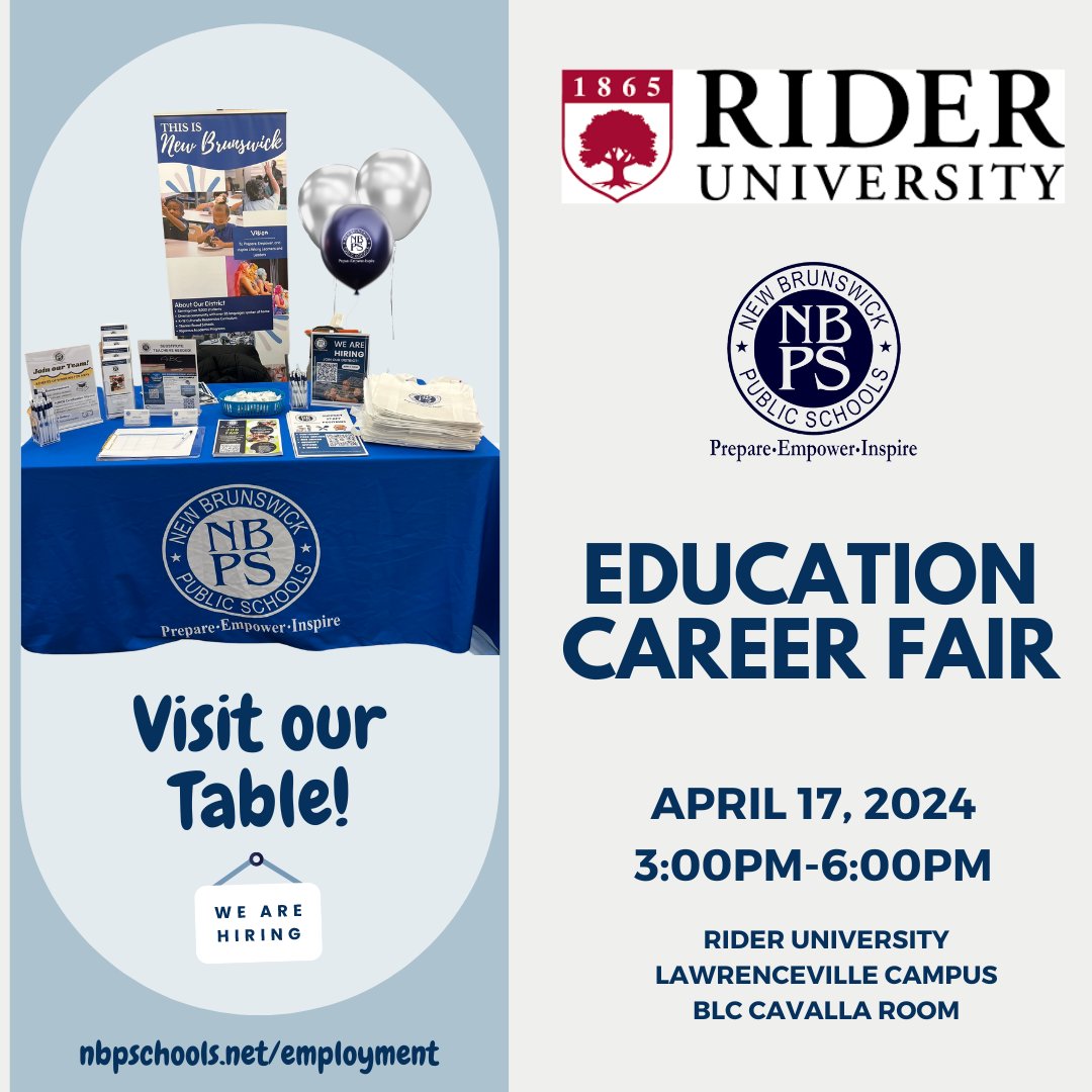 Excited to connect with aspiring educators at the @RiderUniversity Education Career Fair! Stop by our table to discover opportunities in our district. #JoinNBPS #NJEducators#WeAreHiring #Allin4NB #NBPSLetsGo!