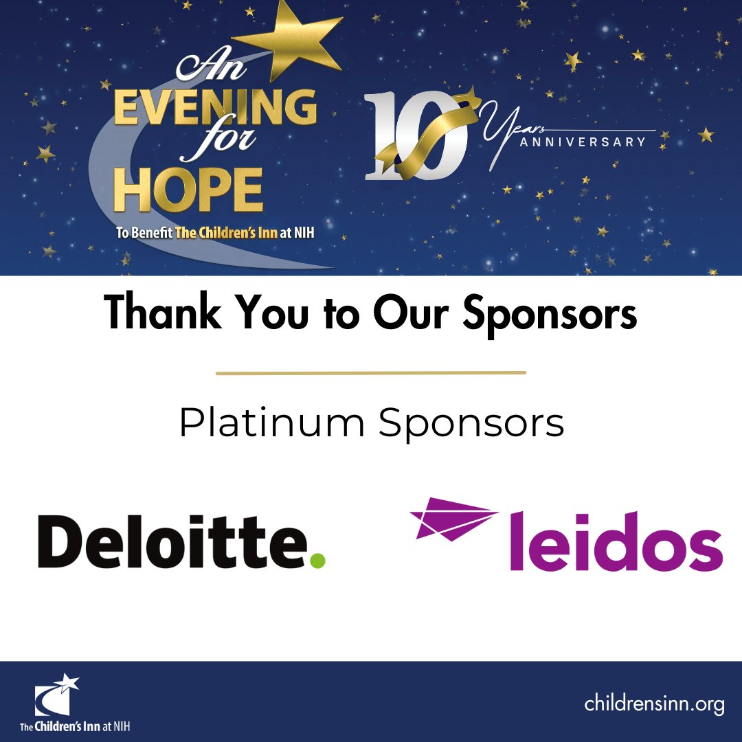 As we close in on celebrating this year's An Evening for Hope gala, we would like to thank our Platinum Sponsors @Deloitte and @leidos. Thank you for your crucial support of this year's gala and your continued dedication to the mission of The Inn. 💙💛