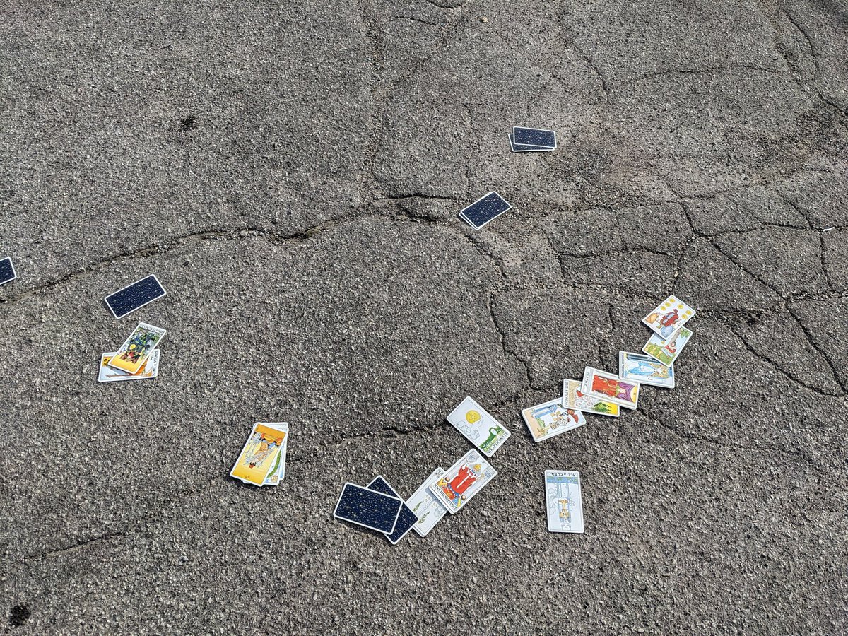 JohnHuculiak's tweet photo. 1st-time finding a complete tarot deck strewn across a lot. Looks like someone stored them in two cigarette tins as they were found together with a letter. Hoping to connect with owner. #CorvusStreetFinds #StreetReading #StreetDivination #BlackCat #tarot #fortunetelling #Hamilton https://t.co/KyRHeBFBxV