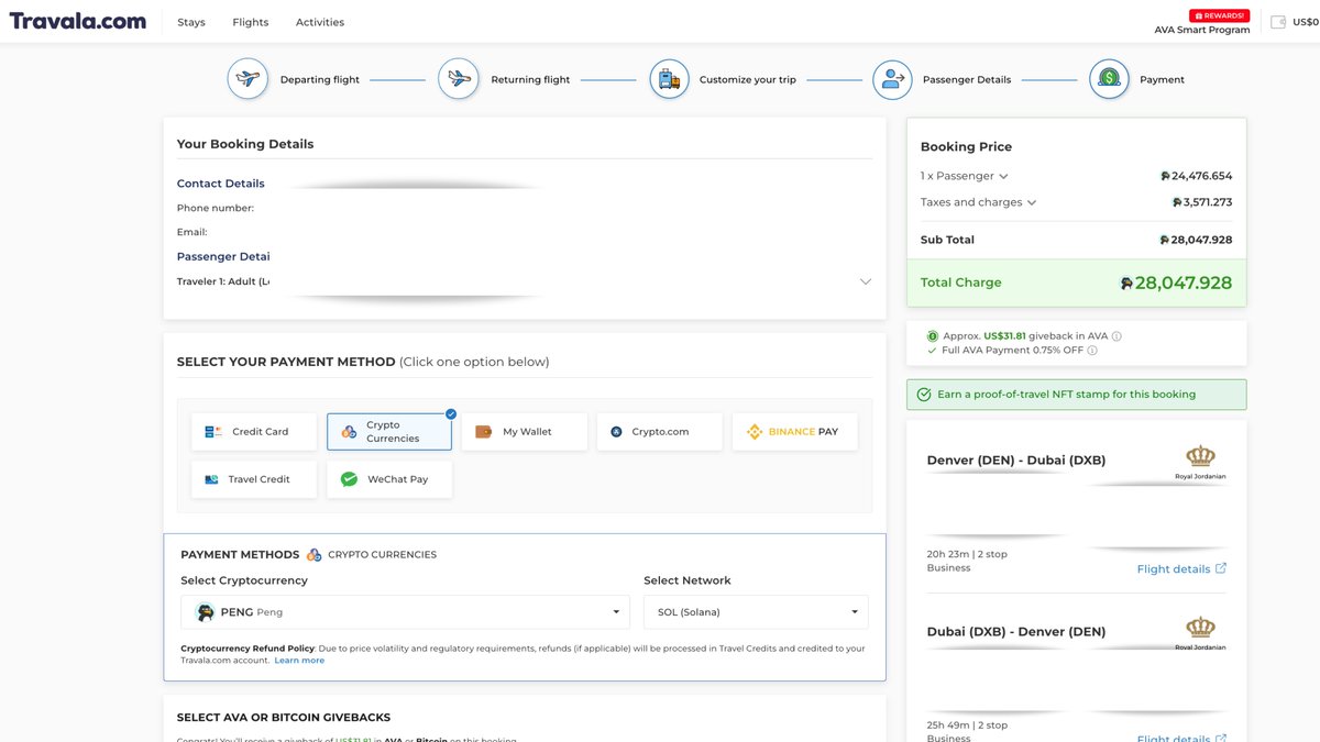 pengonsolana's tweet image. We are currently booking flights + hotel for our Dubai competetion winner @VrajP2_ . He will be attending our own @MemecoinSummit  party on April 21st (invite only).

We are using @travalacom to book EVERYTHING with $PENG tokens, what an amazing platform. 

Booking a holiday with…