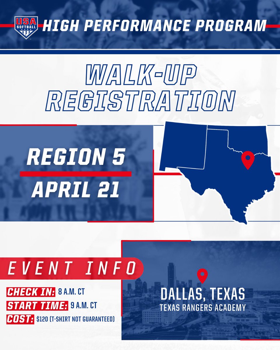 Didn't get a chance to register for the upcoming 𝗥𝗲𝗴𝗶𝗼𝗻 𝟱 #HPP Identifier?? 𝙉𝙤 𝙬𝙤𝙧𝙧𝙞𝙚𝙨! Walk-up registrations 𝙬𝙞𝙡𝙡 be available ‼️ 𝗠𝗼𝗿𝗲 𝗶𝗻𝗳𝗼 👉 go.usasoftball.com/HPP0421 @USASoftballDFW | #USASoftball