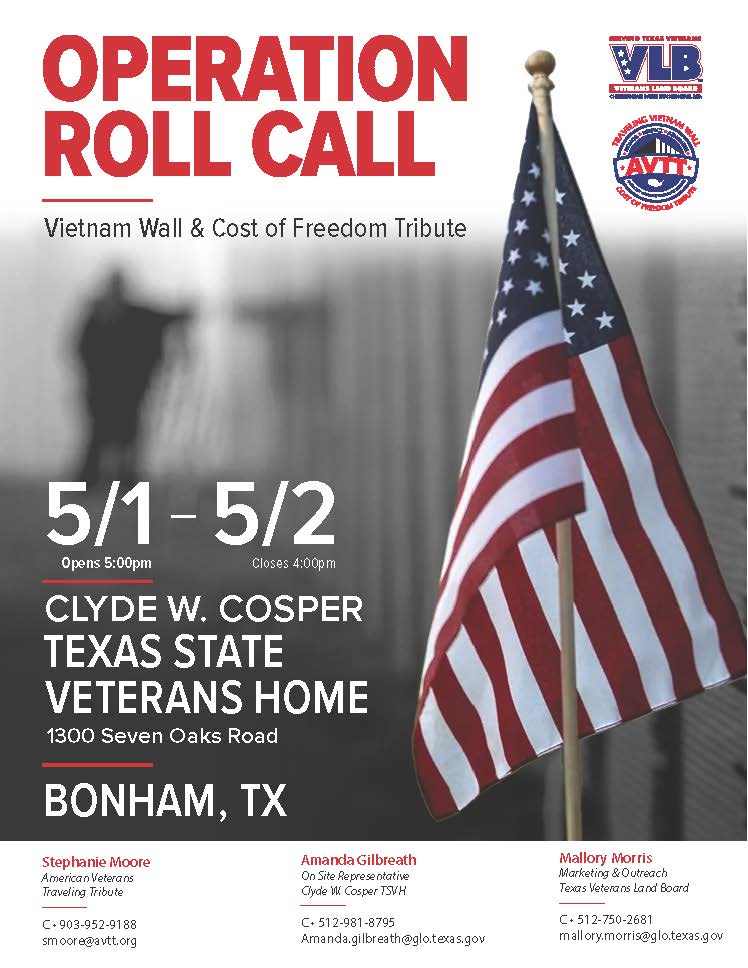 The American Veterans Traveling Vietnam Wall and Cost of Freedom Tribute will be on display for #TexasVeterans and the public on May 1 at 5 p.m. at the Clyde W. Cosper Texas State Veterans Home in #Bonham. 1/2