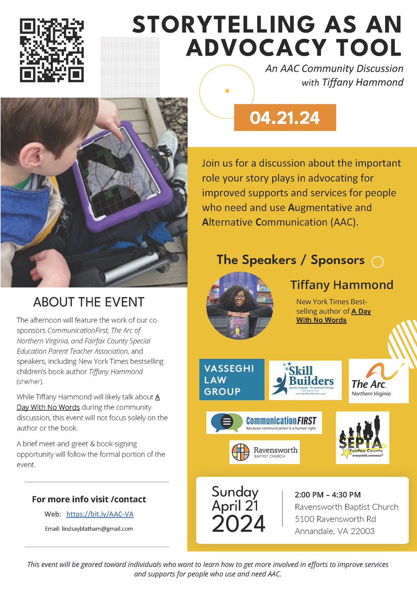 REMINDER: We’re proud to be a co-sponsor of “Storytelling as an Advocacy Tool: An AAC Community Discussion with Tiffany Hammond”, NYT Bestselling author of “A Day with No Words”. Sunday, 4/21 from 2p-4:30p at Ravensworth Baptist Church. Register at bit.ly/AAC-VA