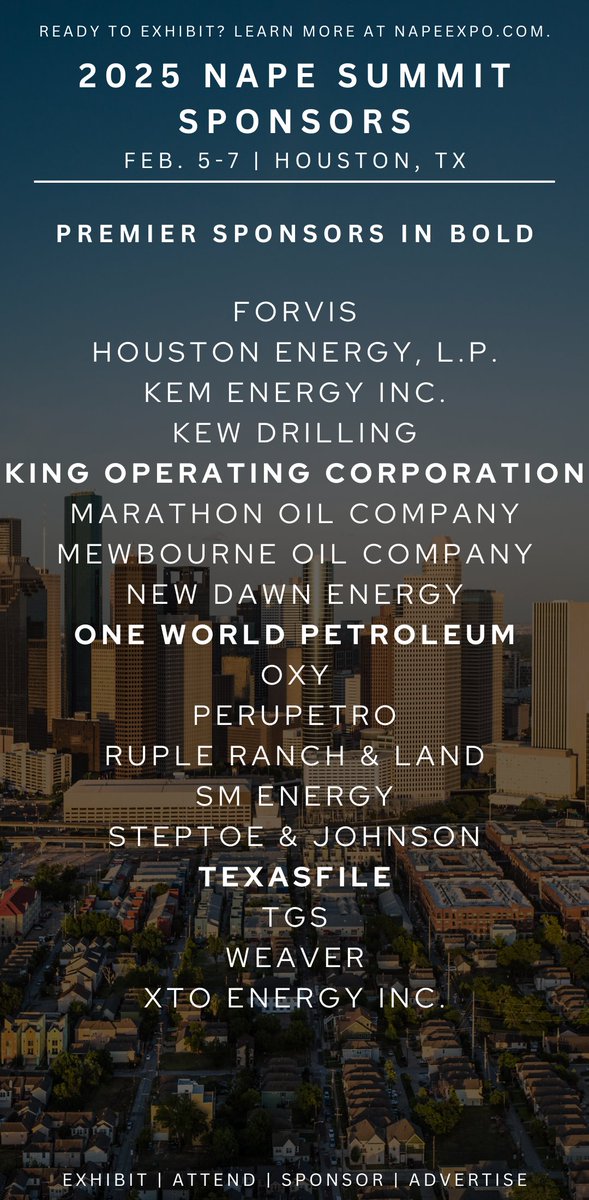 Join our growing list of 2025 NAPE Summit Sponsors bit.ly/3TmBgTt. We're honored to be supported by an incredible lineup of leading companies in upstream energy. Each sponsor plays a pivotal role in advancing our industry and contributing to the success of the NAPE…