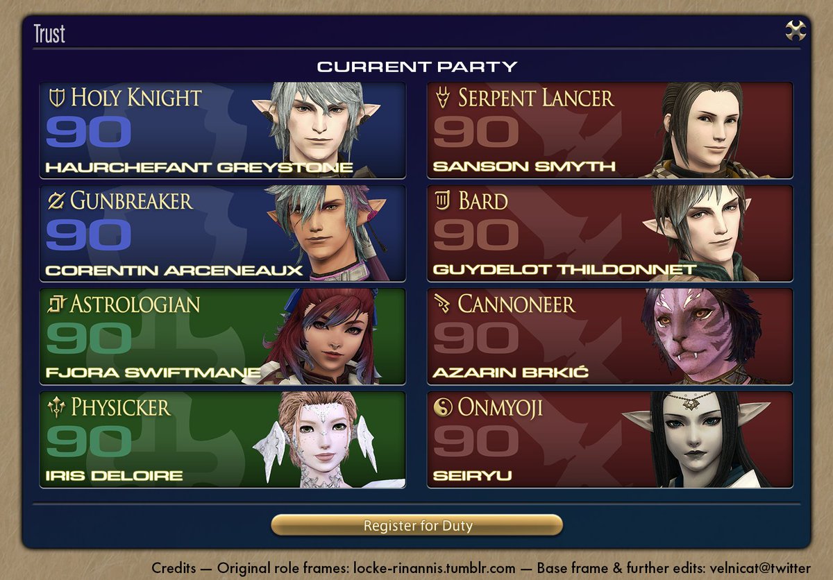 Velnicat's tweet photo. « Trust Party Template »

Ever wanted to make a Trust party graphic for your own? Get these editable PSDs with multiple options for different party compositions. Add your character headshots for the finishing touch and voila! You've got your very own Trusts.

Includes BLU!

🔗⬇️ https://t.co/5U35zP22Si