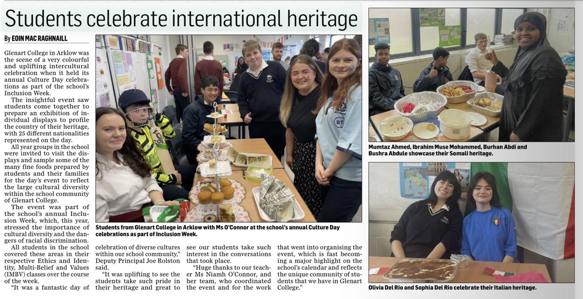 Many thanks to the @WicklowPeople for highlighting all the great work that went into our Culture Day celebrations last term! #community #care #respect #corevalues @KWETB