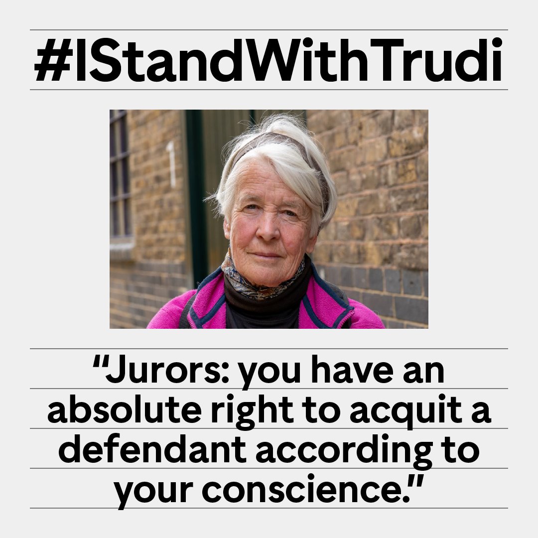 Trudi Warner could face two years in prison for simply holding a placard defending the rights of juries.

Do you stand with Trudi? 

Quote tweet with your message of support and the hashtag #IStandWithTrudi