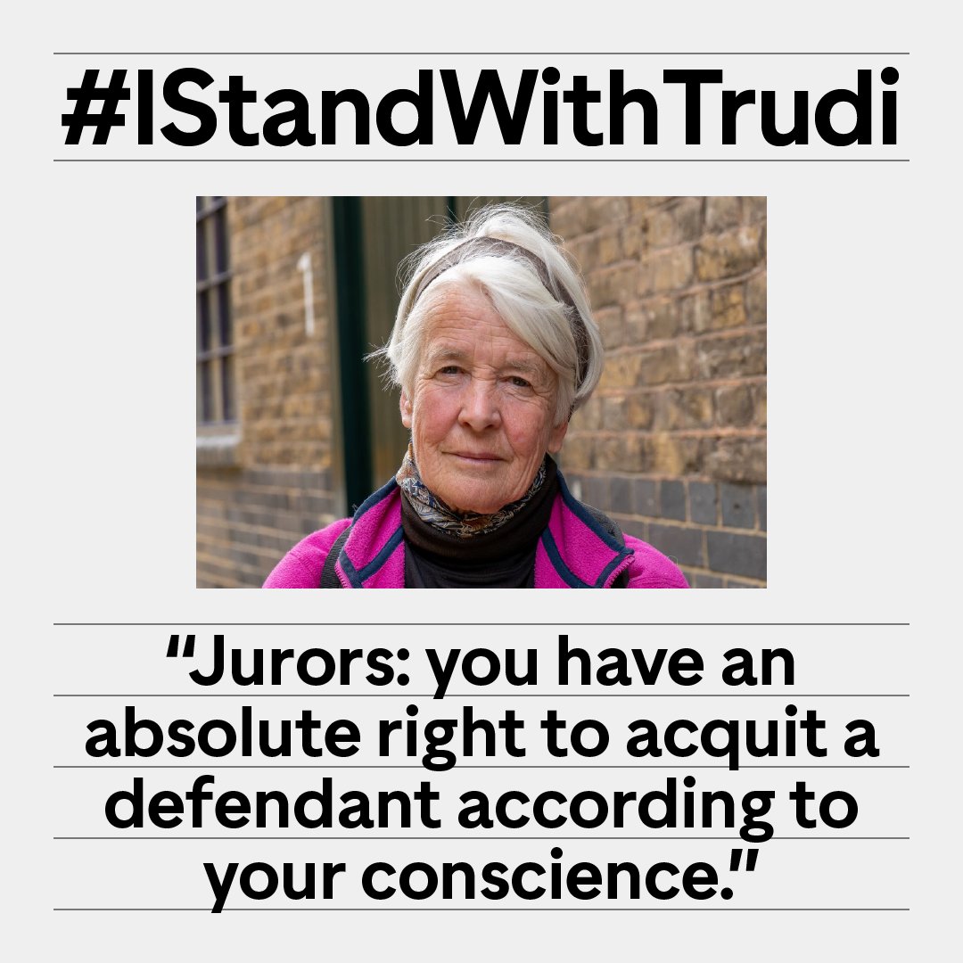 Trudi Warner could face two years in prison for simply holding a placard defending the rights of juries. Do you stand with Trudi? Quote tweet with your message of support and the hashtag #IStandWithTrudi