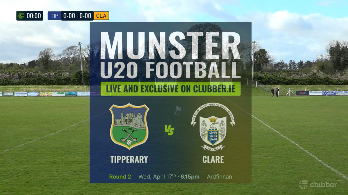 We are LIVE from Ardfinnan for the @MunsterGAA U20 Football Championship 🏆 @TipperaryGAA 🆚 @GaaClare Throw in is at 6:15pm 🕒 Watch it NOW on ➡️ wwwclubber.ie 🔗