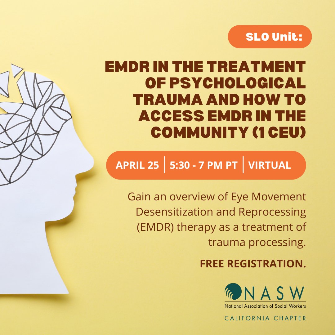The SLO Unit is excited to present a free continuing education webinar on April 25! We will be joined by Dr. Henry Ahlstrom who will cover EMDR as a treatment of trauma, detailing its two major components: resourcing and trauma processing. 🧠 Earn 1 CEU: naswca.org/events/EventDe…