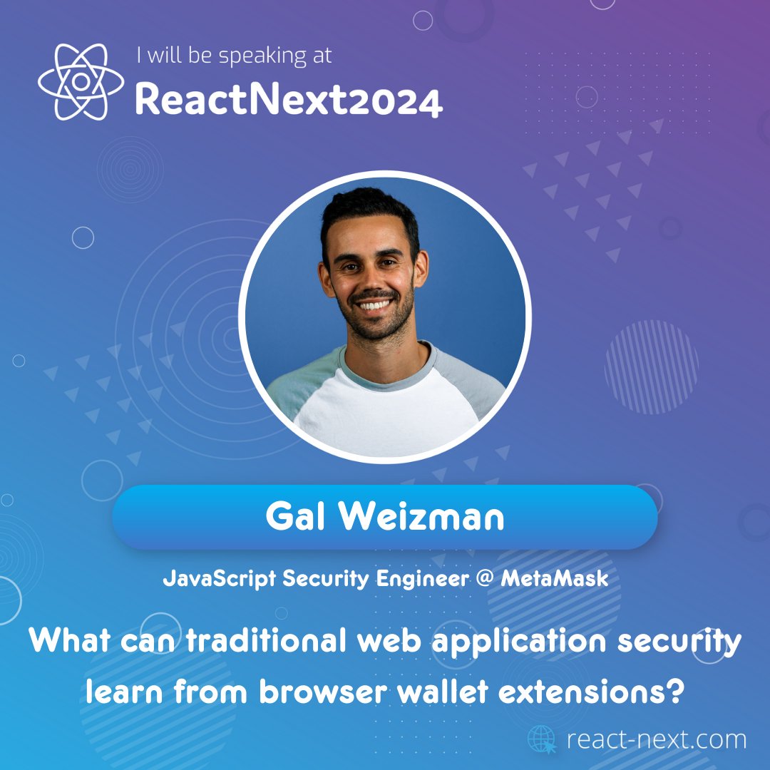 Find me this year at the @ReactNext conference! 🎉

I will be speaking about the unique and interesting junction between the Web3 industry and security for traditional web applications.

I can't wait to share my thoughts on this - hope to see you there!

#ReactNext