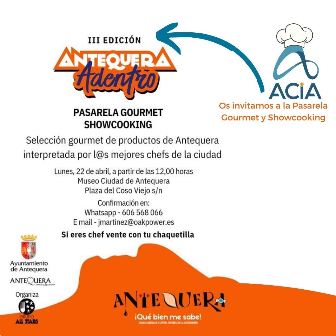 ACIA os invita a la Pasarela Gourmet y 'showcooking´ de III Antequera Adentro

Organizan 👉🏻 <a href="/marbAllStars/">Grupo All Stars</a> y el Ayuntamiento de Antequera

Lunes 22 de abril en 📍 el <a href="/MVCAntequera/">Museo de la Ciudad de Antequera</a>

#gastronomía #Antequera #productoslocales
