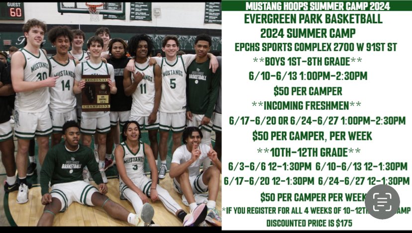 All of our Mustang Summer Camps are open for registration! Please see the flyer for our Boys Hoops camps!! Go Mustangs evergreenparkhs.8to18.com/accounts/login