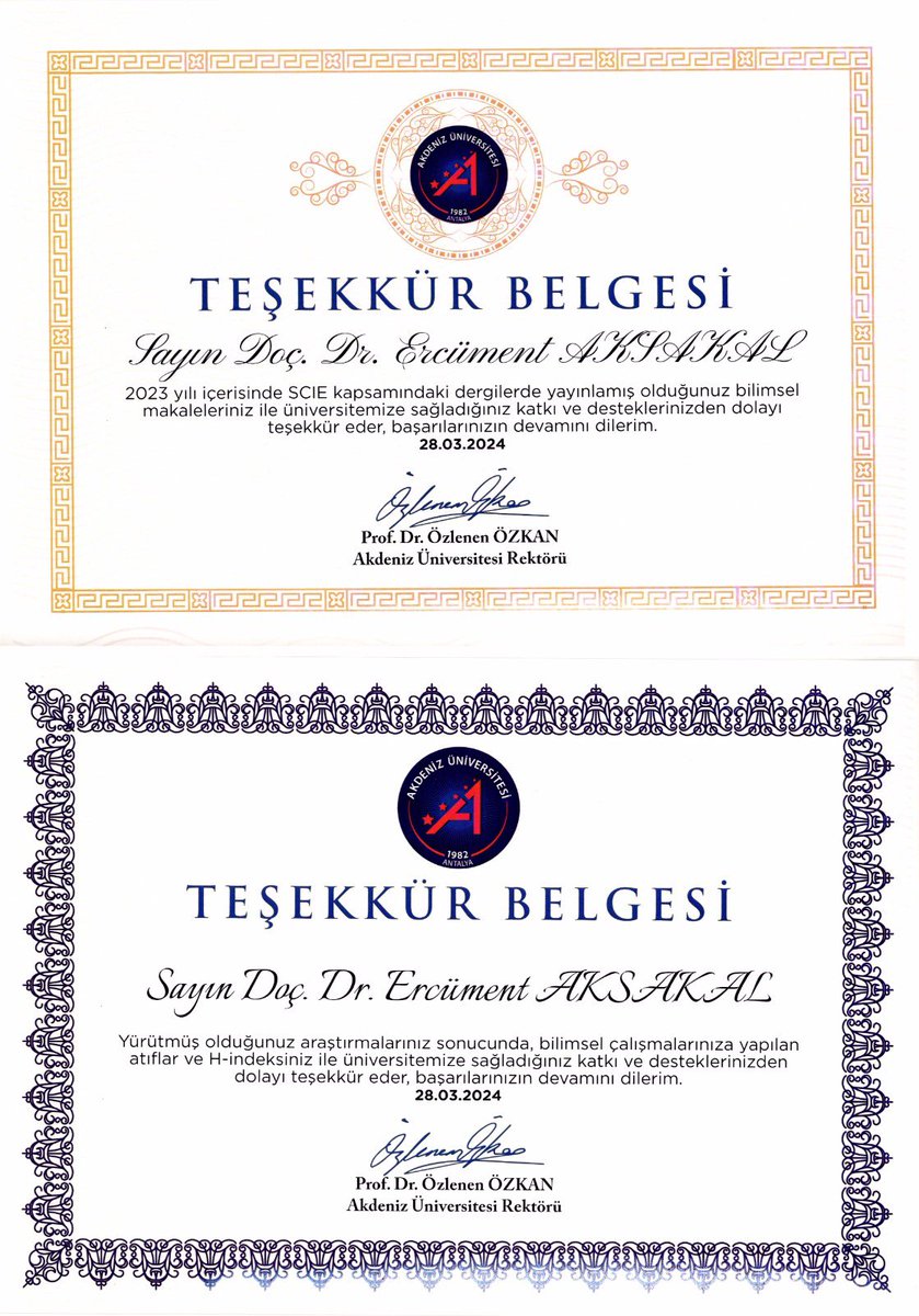İki farklı alanda (1. h-indeksi ve atıf, 2. SCI yayın) olmak üzere ödüle layık görüldüm. Rektörümüz Prof. Dr. Özlenen Özkan ve Rektör yardımcımız Prof. Dr. Şükrü ÖZEN hocalarımıza yapmış oldukları bu organizasyondan dolayı teşekkür ederim. #AkdenizÜniveristesi #YÖK