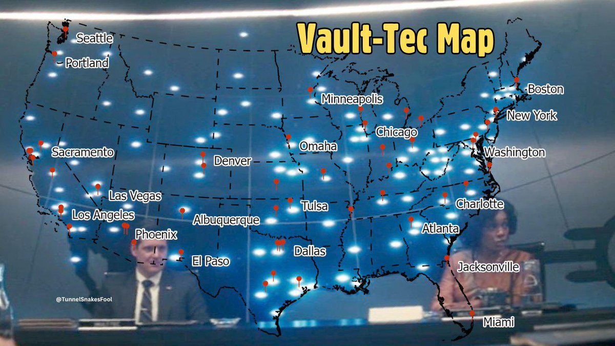 Muutation's tweet photo. According to this map from the @Fallout show, there is a vault in Canada. It appears to be on the border of Saskatchewan and Manitoba. I wonder where the exact location is, and why it was chosen ☢️  looking at a map you can see it’s between Regina and Winnipeg. Any ideas? https://t.co/hVNSTx2OXx