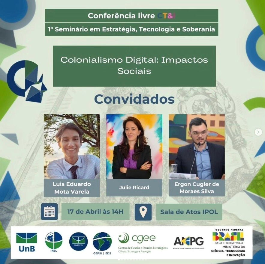 Junte-se a esta palestra às 14h, da qual nossa Diretora do Programa de Tecnologia e Democracia, Julie Ricard, participará, juntamente com Luis Eduardo Mota Varela e Ergon Cugler de Moraes Silva. Este evento faz parte da Conferência livre CT&amp;I. Participe: buff.ly/3W3mxQb