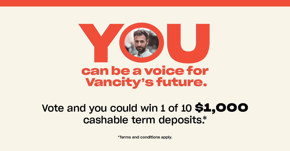 Voted yet? Choose up to 3 candidates for Vancity’s Board of Directors for your chance to win 1 of 10 $1,000 cashable term deposits. Terms and conditions apply. bit.ly/3Q6prQe #VancityElxn