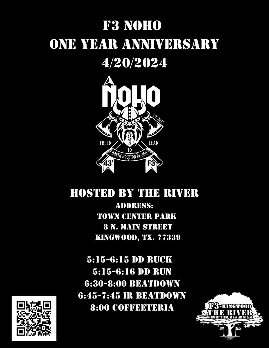 This Saturday April 20th, 2024 we will be celebrating our 1-year anniversary of F3 North Houston (NoHo) in Kingwood,TX 👏. This event starts at 6:30 am sharp and is open to all men from all walks of life, religions, ages, and fitness levels. Free coffee following the workout.
