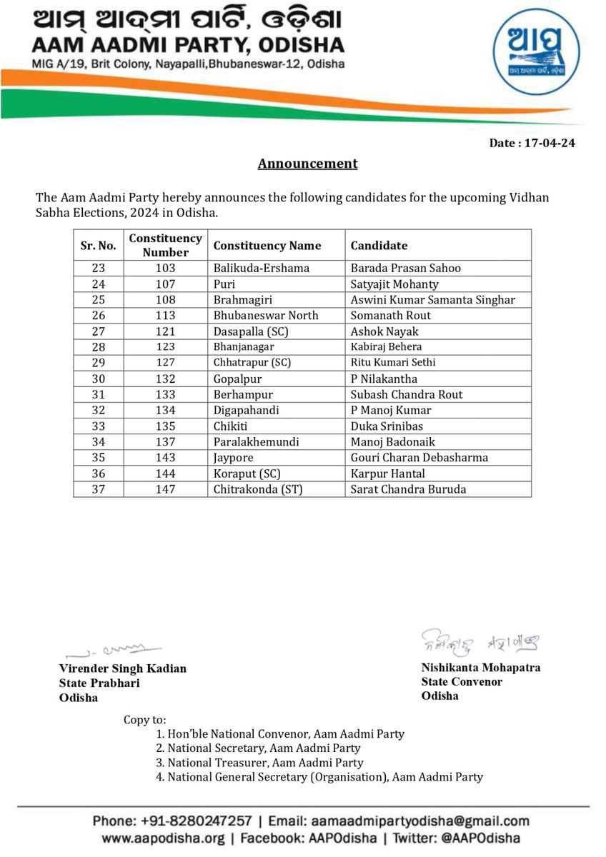 First List of Assembly Constituency Candidates for Odisha Elections - 2024 🔥 @AamAadmiParty @ArvindKejriwal @SanjayAzadSln @SandeepPathak04 @Saurabh_MLAgk @virenderrkadian @nishimohapatra