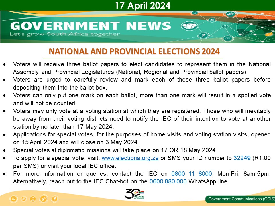 Important information to know before the national and provincial elections 2024. 

#SAElections2024 
#30yearsoffreedom 
#Freedom30