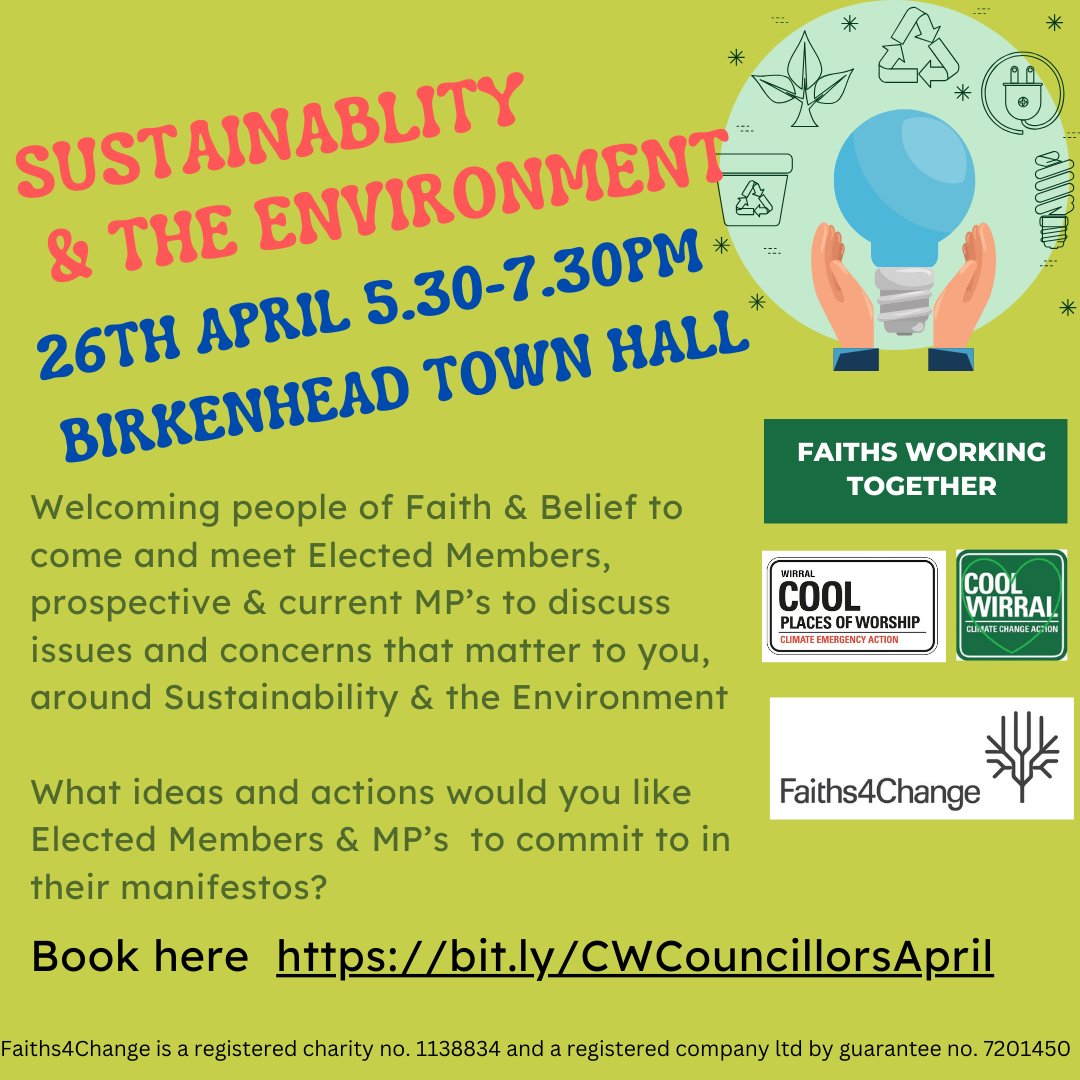 Join us on the 26th April when we are bringing together people of Faith & Belief with Elected Members, prospective & current MP’s to discuss issues and concerns that matter to them around Sustainability & the Environment Please pre-book bit.ly/CWCouncillorsA…