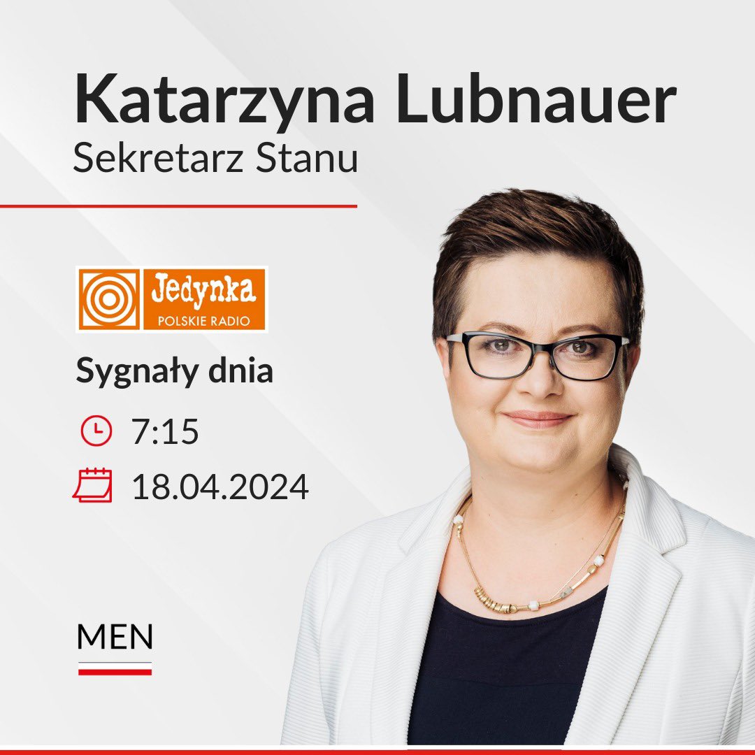 ➡️ Wiceministra @KLubnauer będzie jutro gościem w programie Sygnały Dnia. Serdecznie zapraszamy do wysłuchania rozmowy. 📻 @RadiowaJedynka, czwartek, 18 kwietnia 2024 r., godz. 7:15.