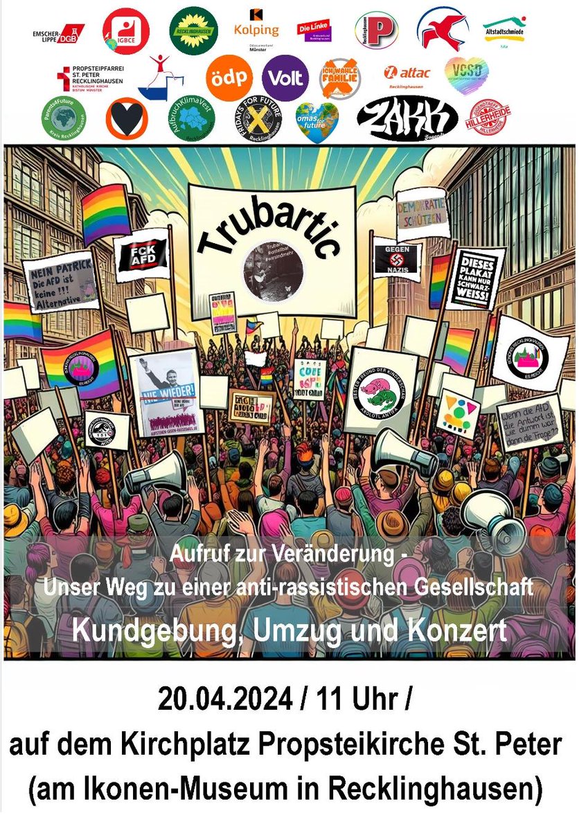 📢 Komm zur #Demo und 📢 verbreite sie:
'Aufruf zur Veränderung, Wege zu einer antifaschistischen Gesellschaft'
🗓: 20.04.2024, 11:00 Uhr

📌 Ort: Kirchplatz, 45657 #Recklinghausen in #NordrheinWestfalen 

Link: demokrateam.org/aktionen/aufru…
#NieWiederIstJetzt #LautGegenRechts #NoAfD