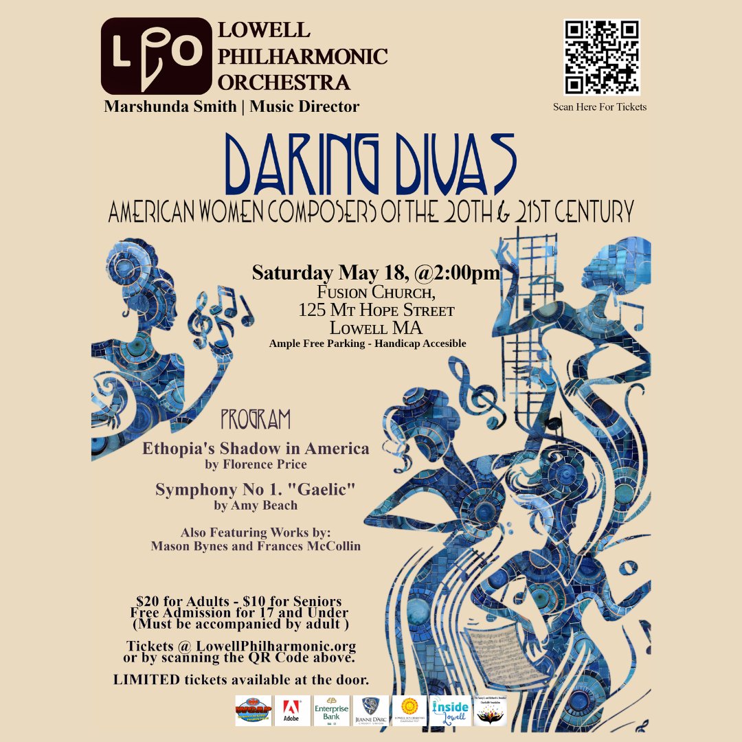 🎻 Don't miss out! Join the Lowell Philharmonic Orchestra on Saturday, May 18th at 2pm for 'DARING DIVAS: AMERICAN WOMEN COMPOSERS OF THE 20TH AND 21ST CENTURY' 🎶🇺🇸 Tickets at onthestage.tickets/show/lowell-ph… #LowellPhilharmonic #DaringDivas #WomenComposers 🎼