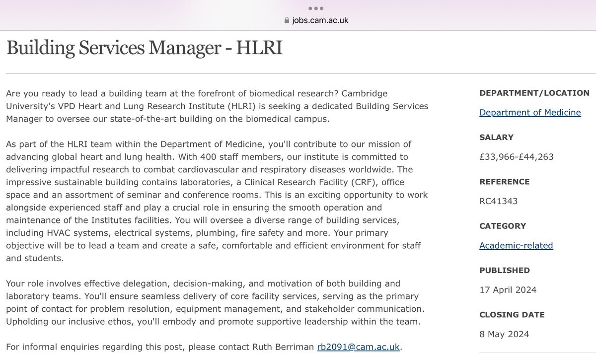 Want to help us improve cardiovascular &amp; lung health for populations &amp; people across the world? 
We’re looking for a new team member for a role that is vital to our mission. If you’re a ‘can-do’ dynamic Building Services Manager, we want to hear from you! jobs.cam.ac.uk/job/46158/