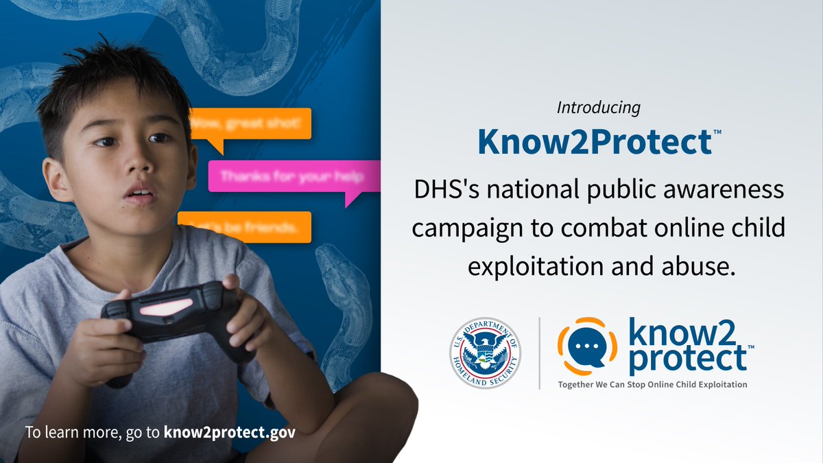 In partnership with leading tech, sports, and community organizations, @Know2Protect will raise awareness about how to combat online child sexual exploitation and abuse. To learn more about @DHSGov's new public awareness campaign, visit know2protect.gov #K2P