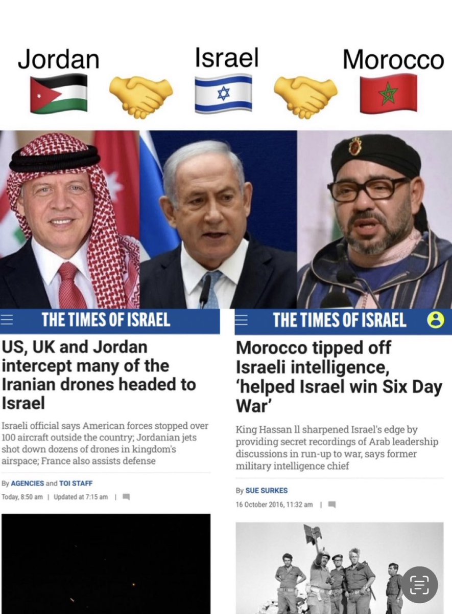 لاتنسي اخى المتابع حقيقة تاريخيّة هامة يمكن ان تساعدك على فهم مايجرى هذه الايام على الساحة العربية الإسرائيلية: 
ان هناك دولتان لولا جهودهما ماكانت إسرائيل موجودة اليوم:
المغرب انقذ #إسرائيل عام 1967
والأردن انقذ إسرائيل عام 2024!