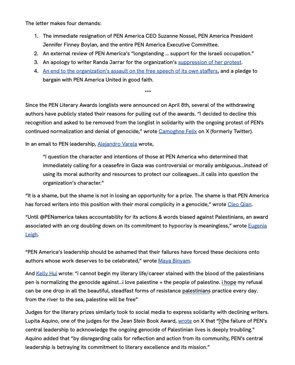 ‼️ BREAKING: 29 authors have withdrawn from PEN America’s literary prizes in solidarity with a free Palestine and in a historic protest of @PENAmerica leadership. Nine of 10 nominees for the $75K Jean Stein Book Award have withdrawn. 

‼️ PRESS RELEASE: docs.google.com/document/d/15Y…