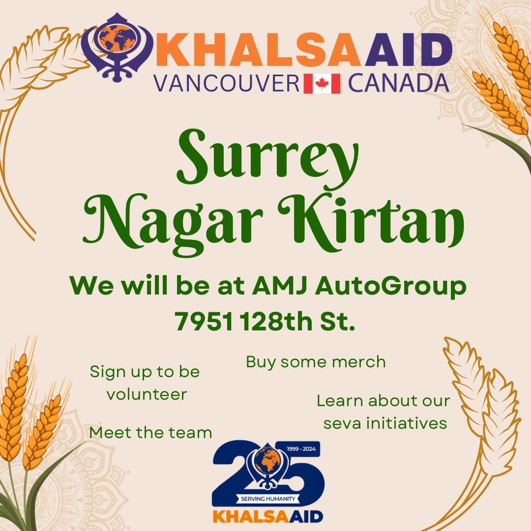 Rain or shine the #MetroVancouver team looks forward to seeing all of you at the #Surrey Nagar Kirtan on April 20th. Our booth will be in front of AMJ AutoGroup located at 7951 128th St.

Learn about our local seva initiatives & sign up as a volunteer!

#nagarkirtan