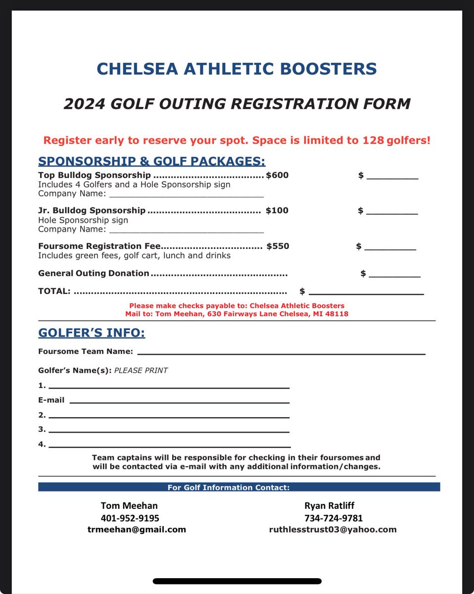 ChelseaFB_SEC's tweet photo. Bulldog Football Fans!!! The Chelsea Athletic Boosters are looking for teams and sponsors for the 32nd Annual Bo Skelton Gold Outing. Here is all the information you need to register your foursome or sponsor Chelsea Athletics! #HitEmStraight https://t.co/DZvfmyp01y
